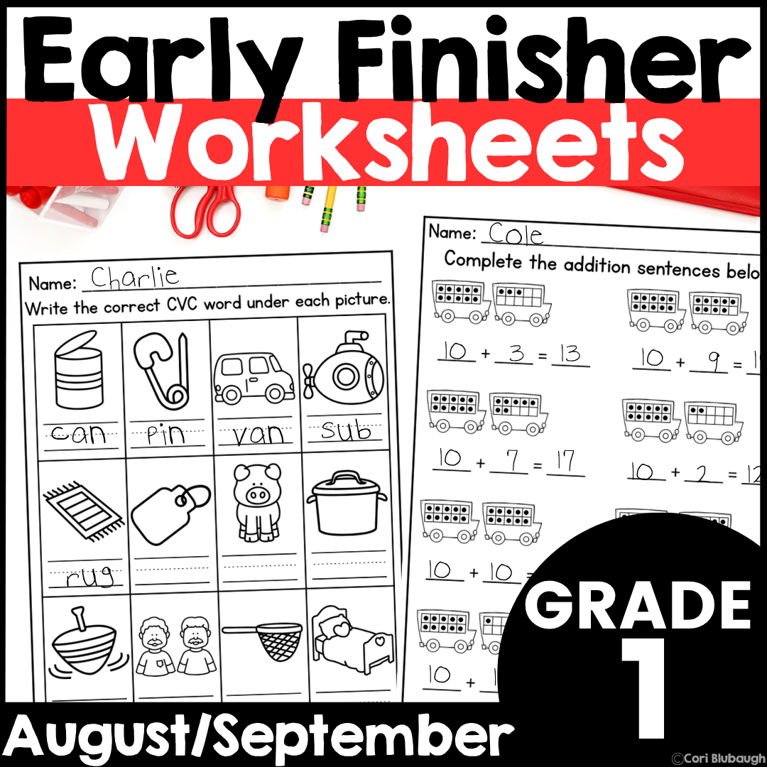 August and September 1st Grade Early Finisher Worksheets - cover