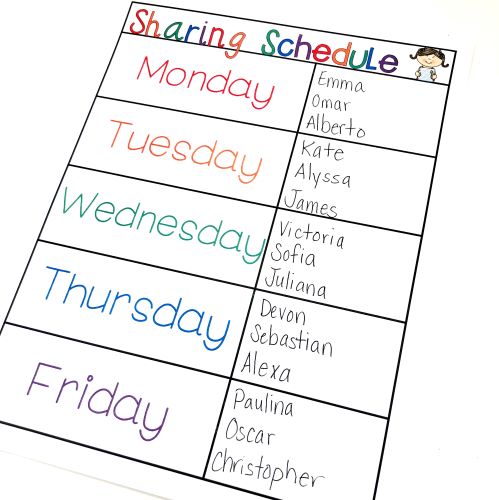 Sharing schedule for kindergarten writing confidence.